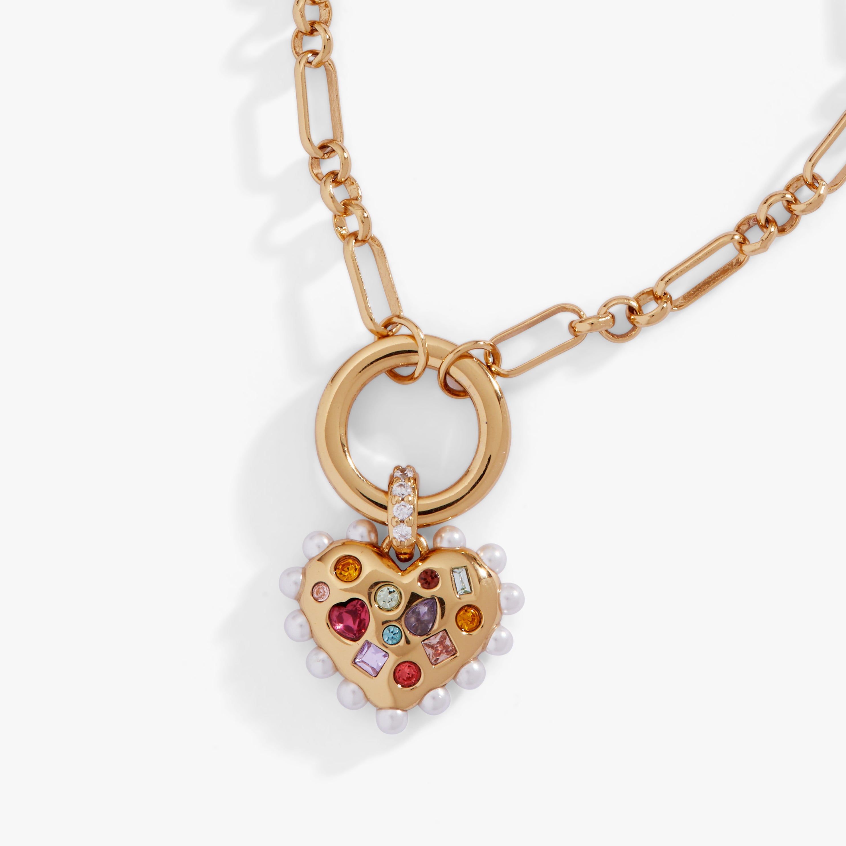 Puffy Heart Gemstone And Pearl Chain Bolo Bracelet